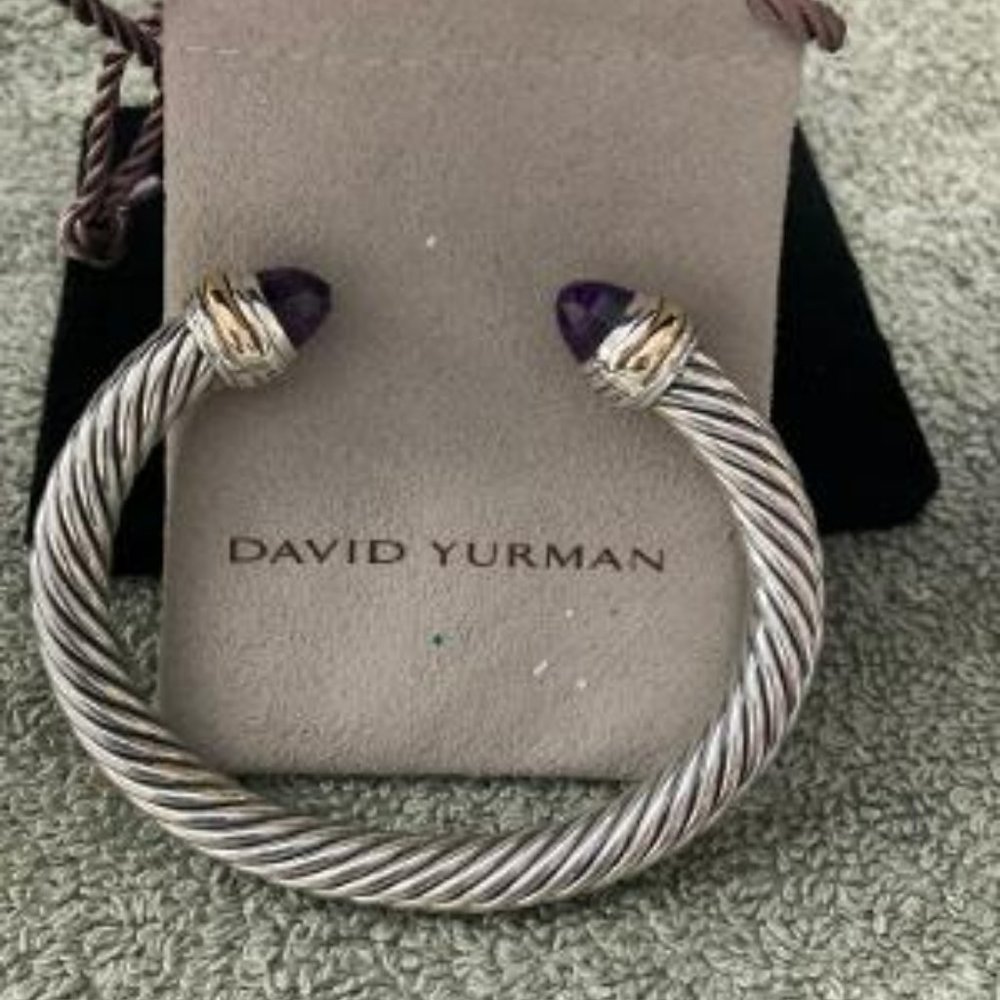David Yurman Amethyst Sterling Silver & 14K Gold Cable Cuff Bangle Bracelet